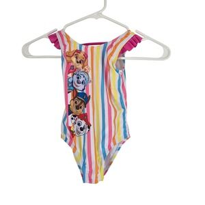 Paw Patrol Swimsuit Girls 3T Rainbow Stripe One Piece Ruffle Cap‎ Sleeve